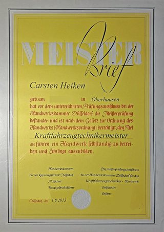Meisterbrief Kraftfahrzeugtechnikermeister von Carsten Heiken, Handwerkskammer Düsseldorf, 1. August 2013